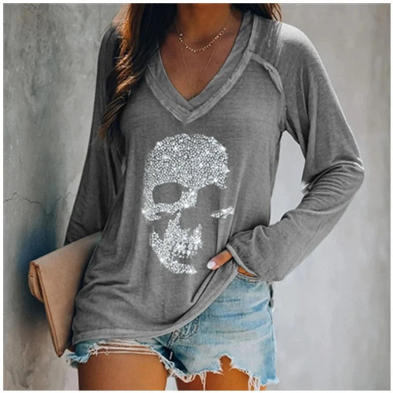 Slouchy Skull Printed V-Neck Top for Women