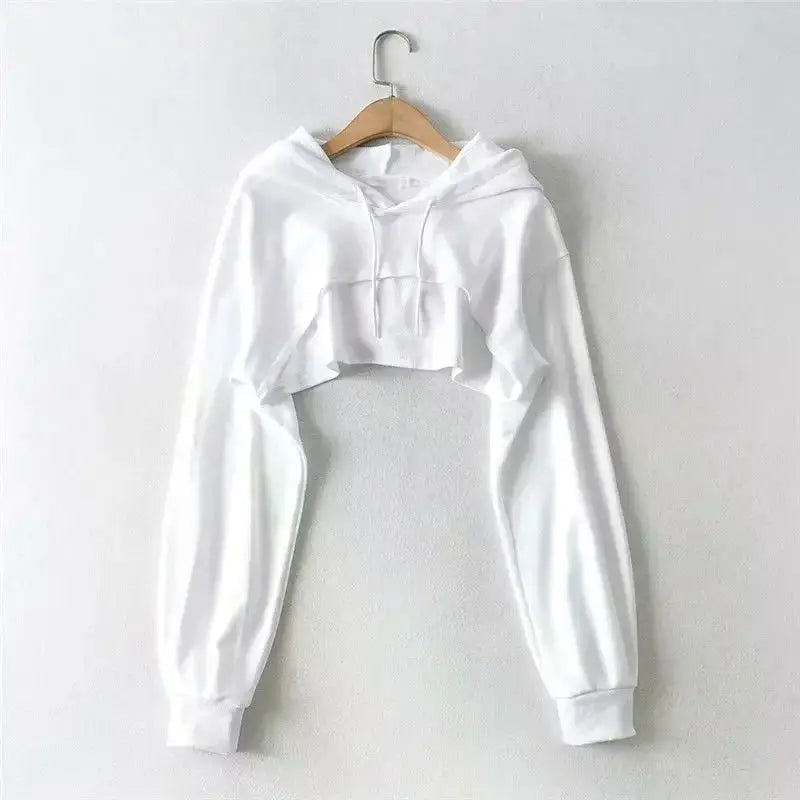 Women's Irregular Crop Hoodie – Y2K Style Long Sleeve Sweatshirt