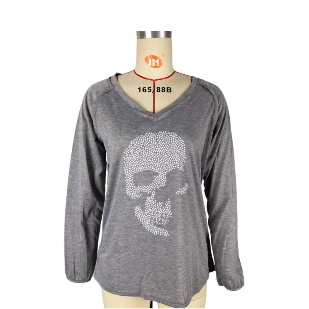 Slouchy Skull Printed V-Neck Top for Women