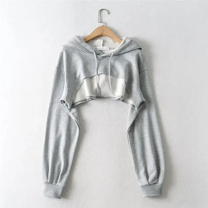 Women's Irregular Crop Hoodie – Y2K Style Long Sleeve Sweatshirt