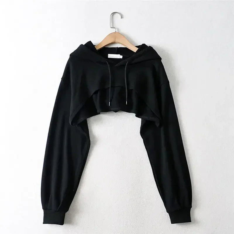 Women's Irregular Crop Hoodie – Y2K Style Long Sleeve Sweatshirt