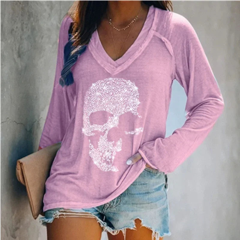 Slouchy Skull Printed V-Neck Top for Women