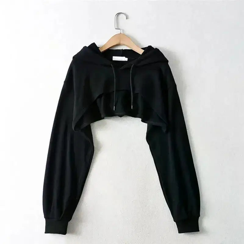 Women's Irregular Crop Hoodie – Y2K Style Long Sleeve Sweatshirt